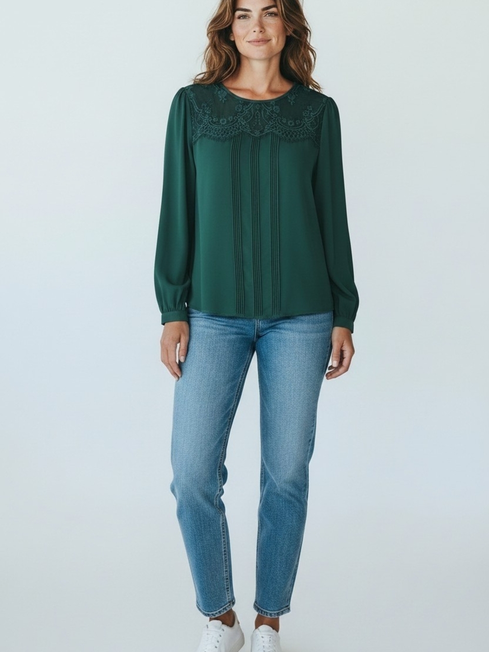 Vince Camuto Women's Emerald Green Lace Yoke Blouse NWT - Picture 1 of 10